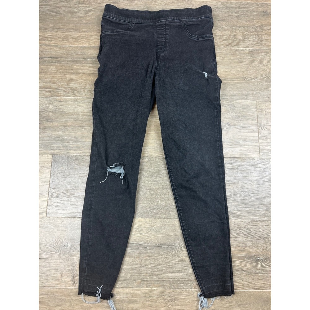 Spanx Ankle Skinny Jean-ish Leggings Black Distressed Frayed Hem Large 1350